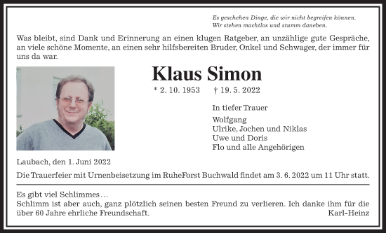 Traueranzeige von Klaus Simon von Laubacher Anzeiger