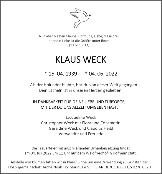 Traueranzeige von Klaus Weck 