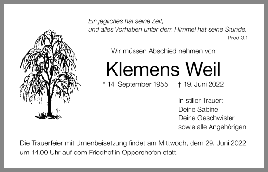 Traueranzeige von Klemens Weil von Wetterauer Zeitung