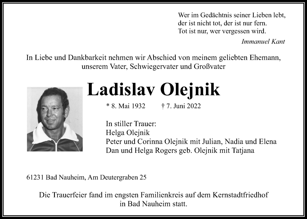  Traueranzeige für Ladislav Olejnik vom 18.06.2022 aus Wetterauer Zeitung