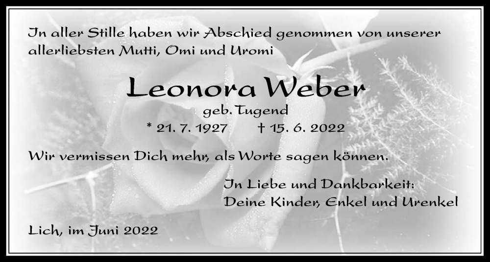  Traueranzeige für Leonora Weber vom 23.06.2022 aus Licher Wochenblatt