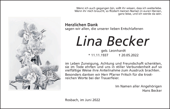 Traueranzeige von Lina Becker von Wetterauer Zeitung