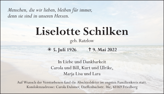 Traueranzeige von Liselotte Schilken von Wetterauer Zeitung