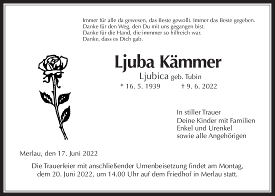 Traueranzeige von Ljuba Kämmer von Alsfelder Allgemeine, Mücker Stimme