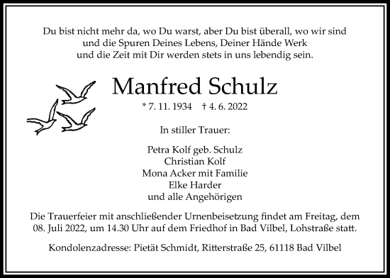 Traueranzeige von Manfred Schulz von Bad Vilbel/Karben