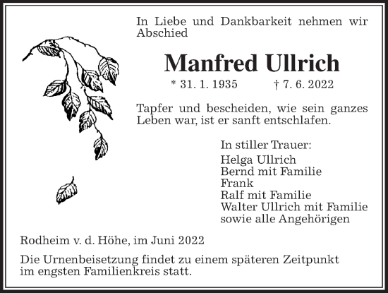 Traueranzeige von Manfred Ullrich von Wetterauer Zeitung