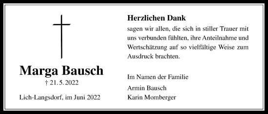 Traueranzeige von Marga Bausch von Licher Wochenblatt