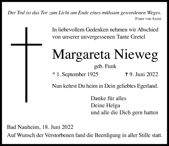 Traueranzeige von Margareta Nieweg von Wetterauer Zeitung