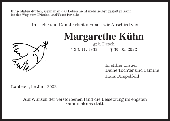 Traueranzeige von Margarethe Kühn von Laubacher Anzeiger