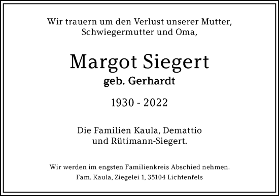 Traueranzeige von Margot Siegert von Kreis-Anzeiger