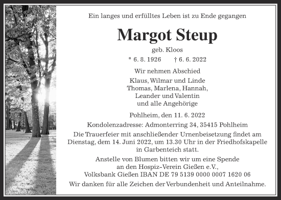 Traueranzeige von Margot Steup von Giessener Allgemeine, Alsfelder Allgemeine, Giessener Anzeiger