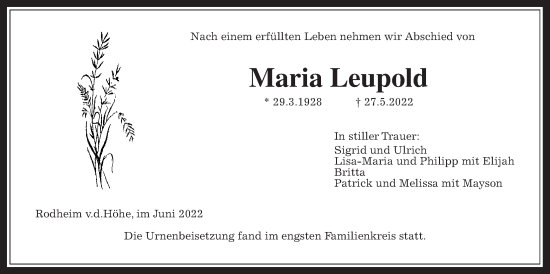 Traueranzeige von Maria Leupold von Wetterauer Zeitung