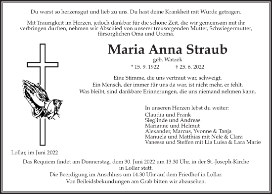 Traueranzeige von Maria Anna Straub von Giessener Allgemeine, Alsfelder Allgemeine