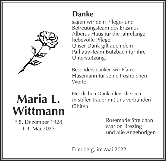 Traueranzeige von Maria L. Wittmann von Wetterauer Zeitung