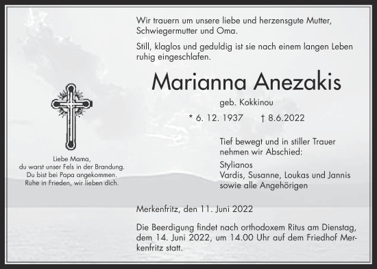 Traueranzeige von Marianna Anezakis von Kreis-Anzeiger