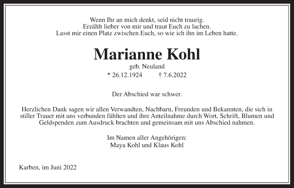  Traueranzeige für Marianne Kohl vom 23.06.2022 aus Bad Vilbel/Karben