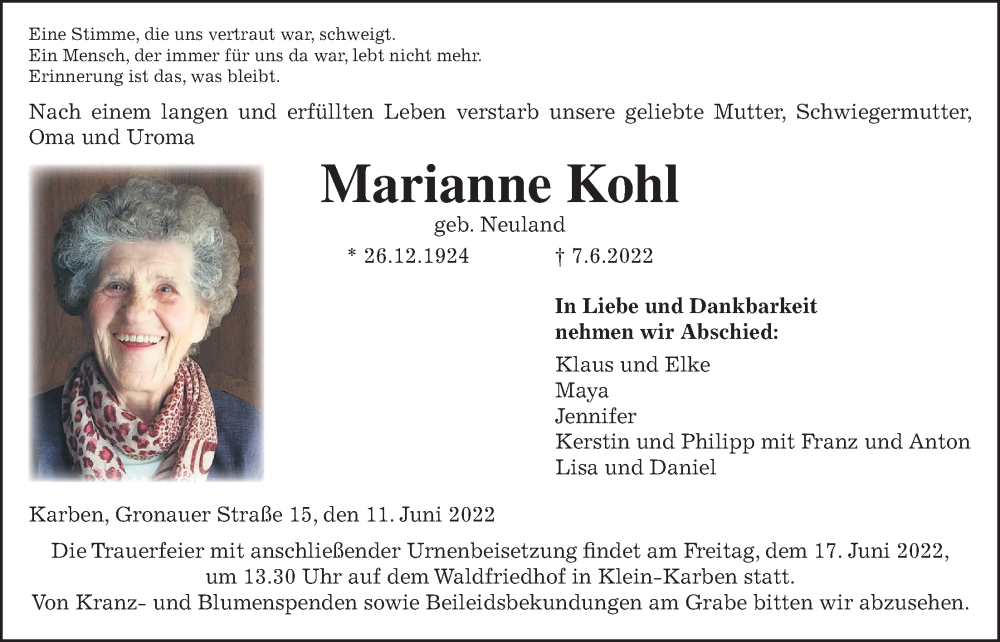  Traueranzeige für Marianne Kohl vom 11.06.2022 aus Wetterauer Zeitung