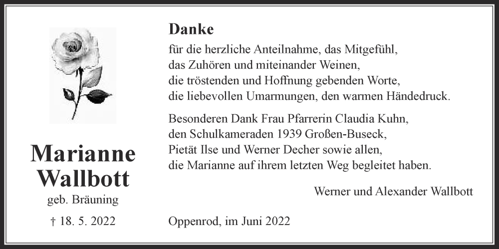  Traueranzeige für Marianne Wallbott vom 11.06.2022 aus Giessener Allgemeine, Alsfelder Allgemeine
