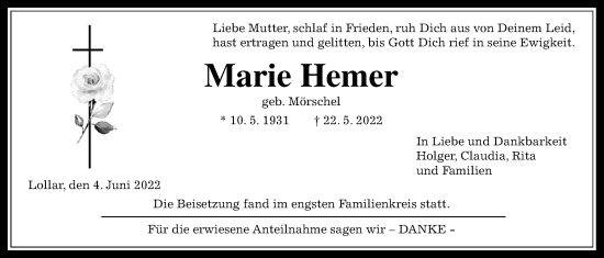 Traueranzeige von Marie Hemer von Giessener Allgemeine, Alsfelder Allgemeine, Giessener Anzeiger