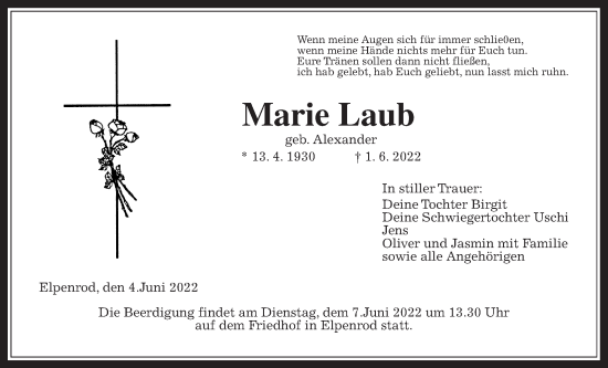 Traueranzeige von Marie Laub von Alsfelder Allgemeine