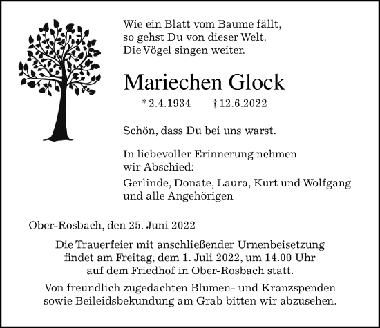 Traueranzeige von Mariechen Glock von Wetterauer Zeitung