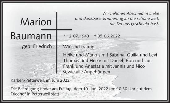 Traueranzeige von Marion Baumann von Wetterauer Zeitung, Bad Vilbel/Karben