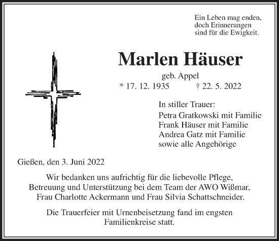 Traueranzeige von Marlen Häuser von Giessener Allgemeine, Alsfelder Allgemeine