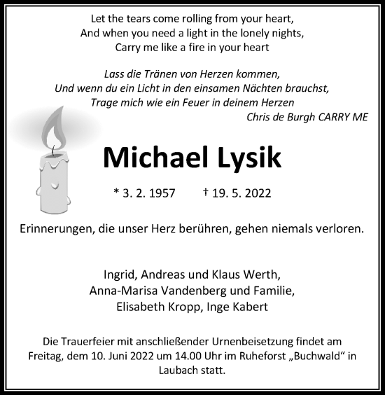 Traueranzeige von Michael Lysik von Giessener Allgemeine, Alsfelder Allgemeine