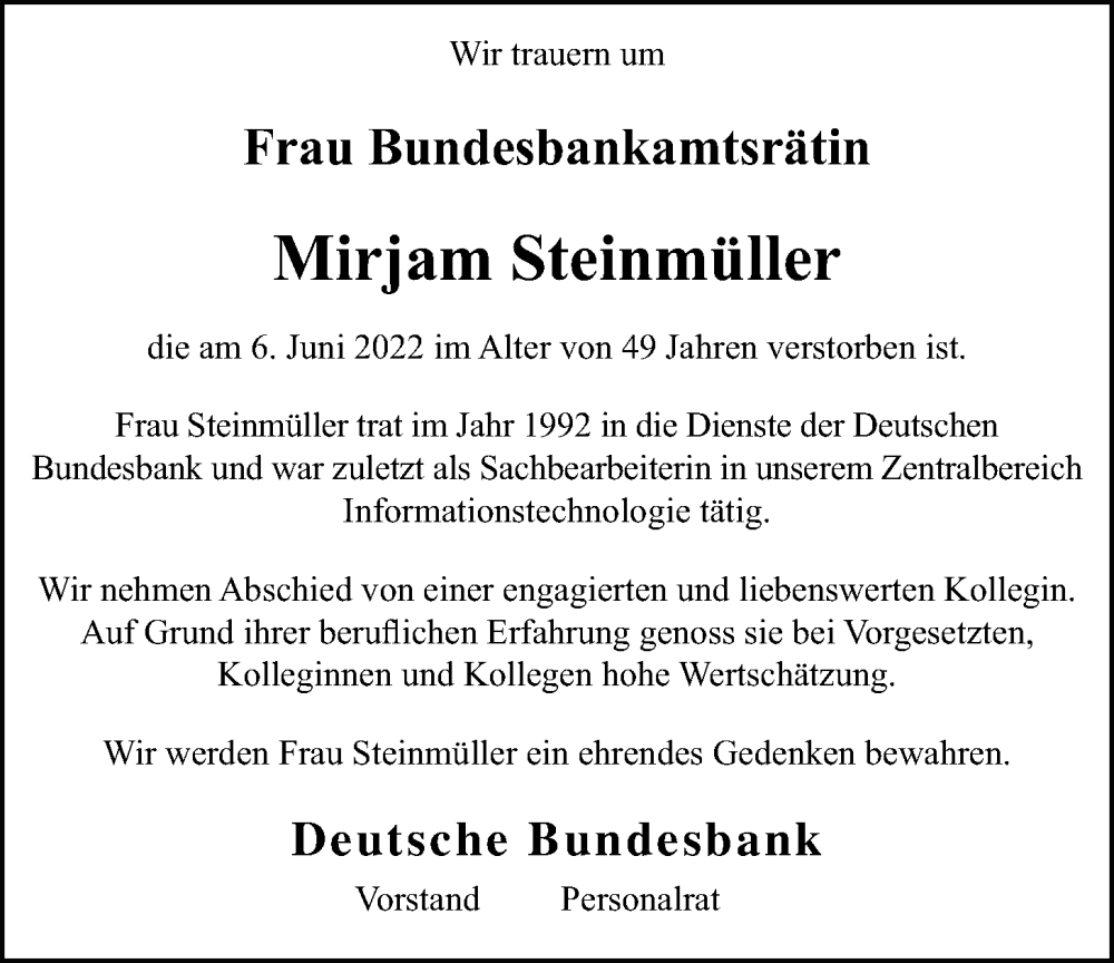  Traueranzeige für Mirjam Steinmüller vom 10.06.2022 aus Wetterauer Zeitung