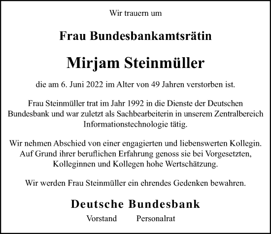 Traueranzeige von Mirjam Steinmüller von Wetterauer Zeitung