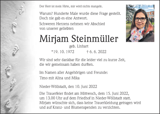 Traueranzeige von Mirjam Steinmüller von Wetterauer Zeitung