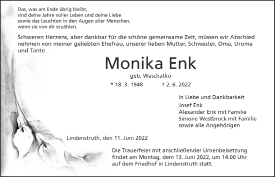 Traueranzeige von Monika Enk von Giessener Allgemeine, Alsfelder Allgemeine