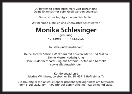 Traueranzeige von Monika Schlesinger 