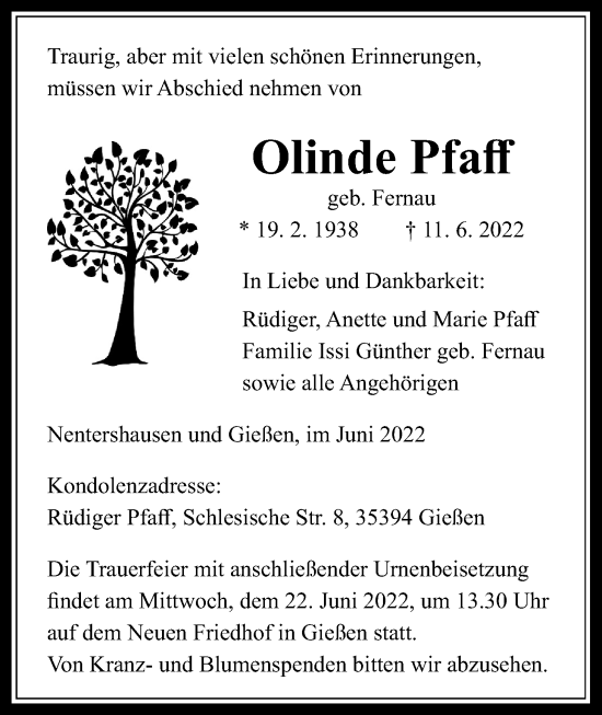 Traueranzeige von Olinde Pfaff von Giessener Allgemeine, Alsfelder Allgemeine