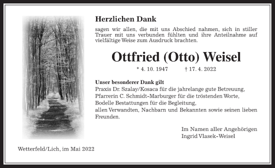 Traueranzeige von Ottfried Weisel von Laubacher Anzeiger