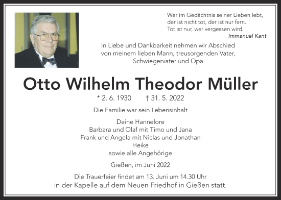 Traueranzeige von Otto Wilhelm Theodor Müller von Giessener Allgemeine, Alsfelder Allgemeine