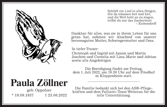 Traueranzeige von Paula Zöllner von Wetterauer Zeitung, Karbener Zeitung, Bad Vilbeler Anzeiger
