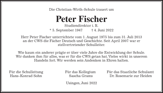 Traueranzeige von Peter Fischer von Usinger Anzeiger