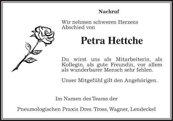 Traueranzeige von Petra Hettche von Giessener Allgemeine, Alsfelder Allgemeine, Giessener Anzeiger