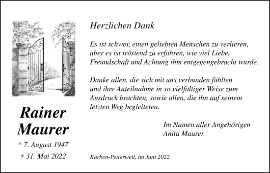 Traueranzeige von Rainer Maurer von Karbener Zeitung, Bad Vilbeler Anzeiger