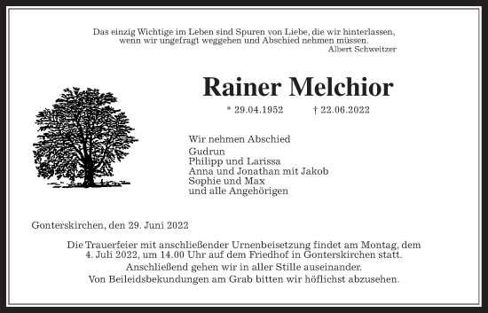 Traueranzeige von Rainer Melchior von Laubacher Anzeiger