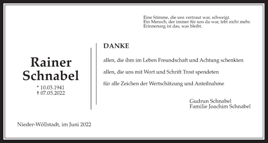 Traueranzeige von Rainer Schnabel von Wetterauer Zeitung