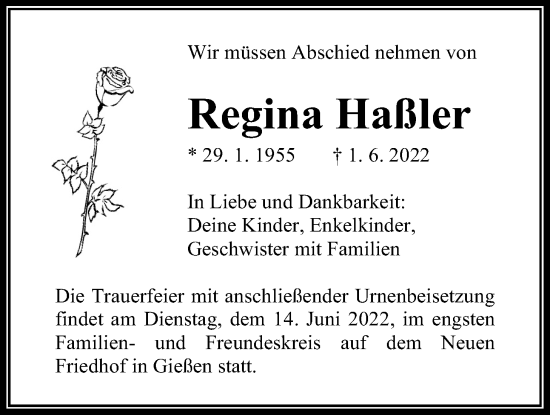 Traueranzeige von Regina Haßler von Giessener Allgemeine, Alsfelder Allgemeine