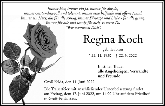 Traueranzeige von Regina Koch von Alsfelder Allgemeine