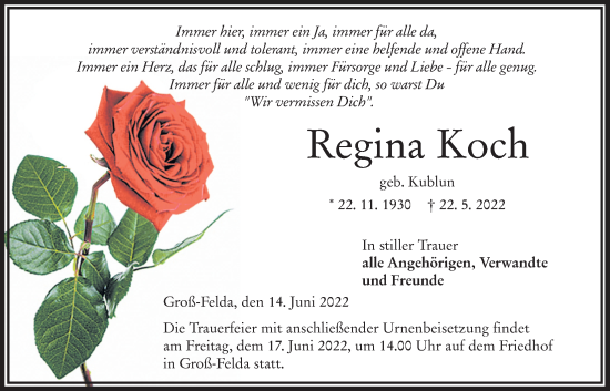 Traueranzeige von Regina Koch von Alsfelder Allgemeine