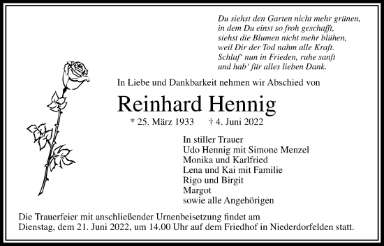 Traueranzeige von Reinhard Hennig von Bad Vilbel/Karben