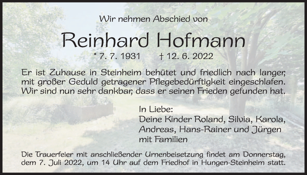  Traueranzeige für Reinhard Hofmann vom 23.06.2022 aus Licher Wochenblatt