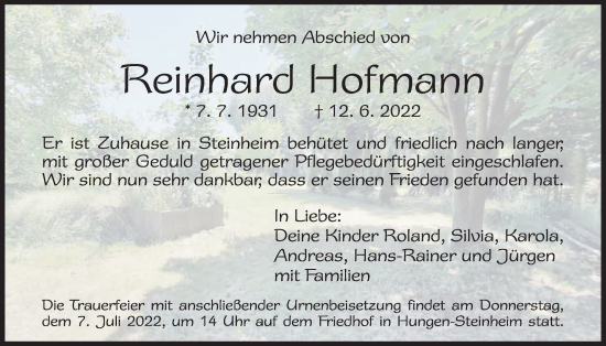 Traueranzeige von Reinhard Hofmann von Licher Wochenblatt