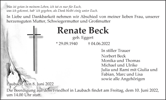 Traueranzeige von Renate Beck von Giessener Allgemeine, Alsfelder Allgemeine