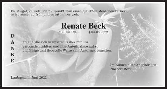 Traueranzeige von Renate Beck von Laubacher Anzeiger